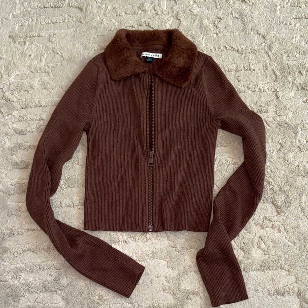 American Eagle Outfitters Brown Ribbed Full Zip Teddy Collared Sweater S EUC